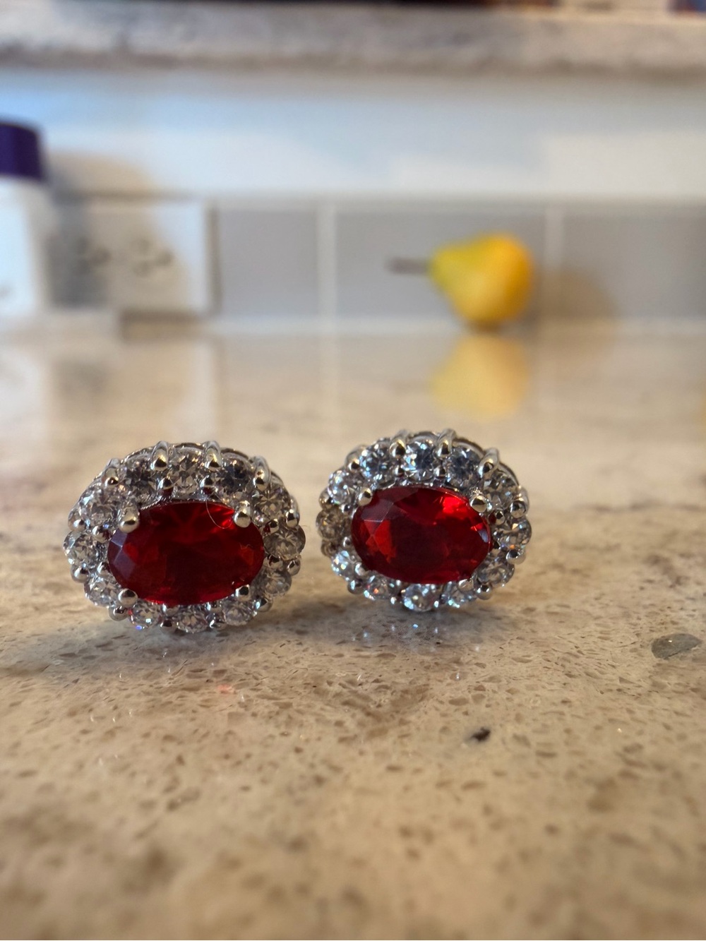 CZ Oval Ruby Crystal Halo Stud Earrings